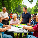 **

`A vibrant community meeting in a park. Diverse group of people (elderly, young families, teenagers) actively discussing park renovation plans with urban planners. Focus on the human connection and collaboration. Natural light, lush greenery in the background, architectural plans visible on a table. Style: realistic, warm, inviting.`

**