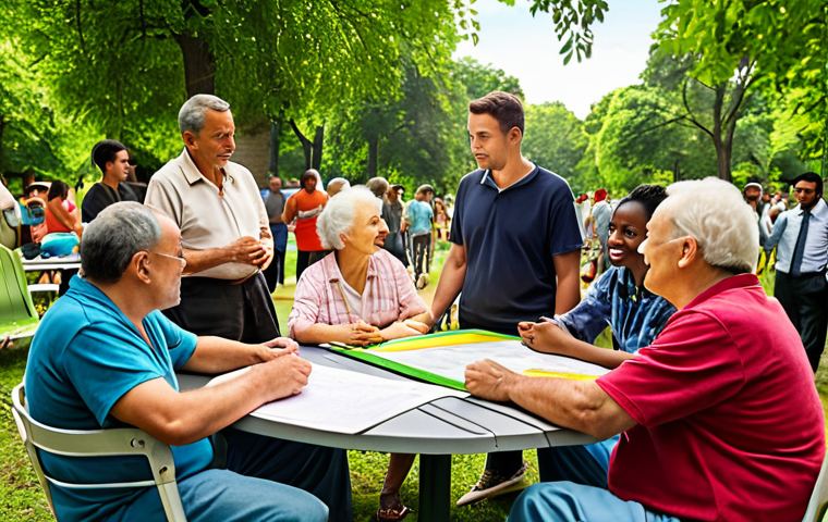 **

`A vibrant community meeting in a park. Diverse group of people (elderly, young families, teenagers) actively discussing park renovation plans with urban planners. Focus on the human connection and collaboration. Natural light, lush greenery in the background, architectural plans visible on a table. Style: realistic, warm, inviting.`

**