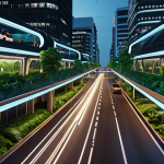 **

A futuristic smart city at night. LED streetlights illuminate clean, modern streets. Self-driving buses glide smoothly. Buildings incorporate green walls and rooftop gardens. Data visualizations overlay the scene, showing real-time traffic flow and energy consumption. Focus on the blend of technology and nature, conveying efficiency and sustainability.

**