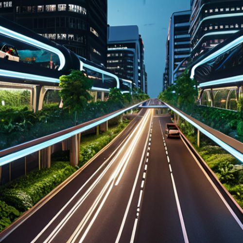 **

A futuristic smart city at night. LED streetlights illuminate clean, modern streets. Self-driving buses glide smoothly. Buildings incorporate green walls and rooftop gardens. Data visualizations overlay the scene, showing real-time traffic flow and energy consumption. Focus on the blend of technology and nature, conveying efficiency and sustainability.

**