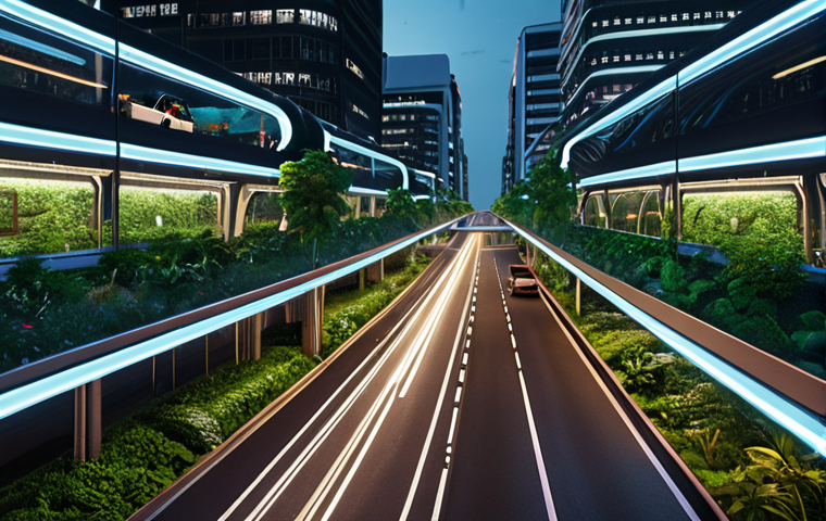 **

A futuristic smart city at night. LED streetlights illuminate clean, modern streets. Self-driving buses glide smoothly. Buildings incorporate green walls and rooftop gardens. Data visualizations overlay the scene, showing real-time traffic flow and energy consumption. Focus on the blend of technology and nature, conveying efficiency and sustainability.

**