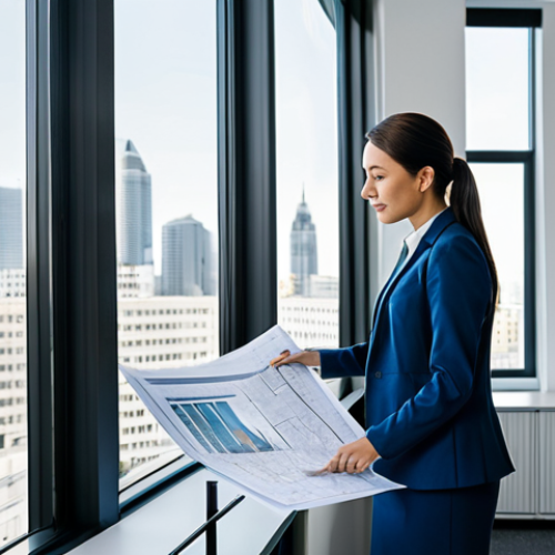 도시계획 연봉 추이 - **Prompt:** A professional female urban planner in a modern, brightly lit office, reviewing blueprin...