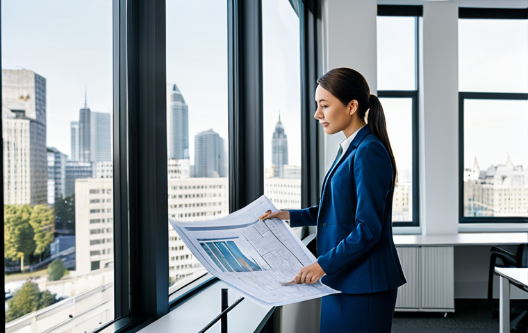 도시계획 연봉 추이 - **Prompt:** A professional female urban planner in a modern, brightly lit office, reviewing blueprin...