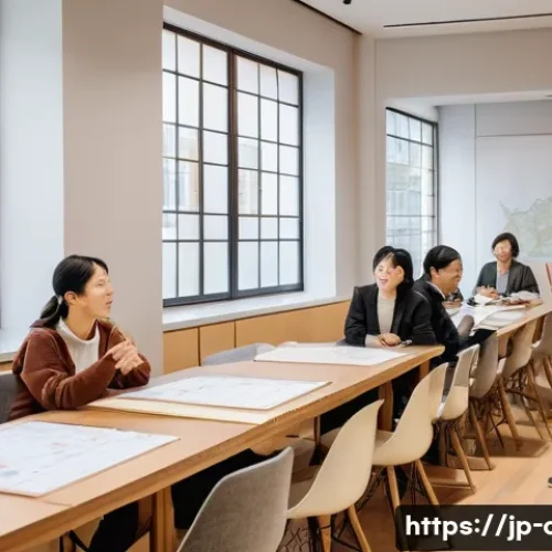 도시계획 이론과 실제의 균형 잡기 - A vibrant urban community workshop scene in a modern Japanese neighborhood, featuring diverse local ...