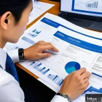 도시계획 전문가 연봉 협상 - A professional Japanese urban planner in business attire, carefully reviewing and polishing a detail...