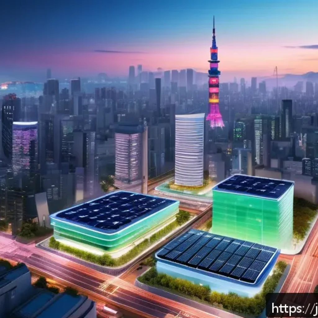 도시계획 분야 취업 시장 분석 - A futuristic Japanese smart city at dusk, showcasing sleek high-rise buildings integrated with green...