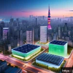 도시계획 분야 취업 시장 분석 - A futuristic Japanese smart city at dusk, showcasing sleek high-rise buildings integrated with green...