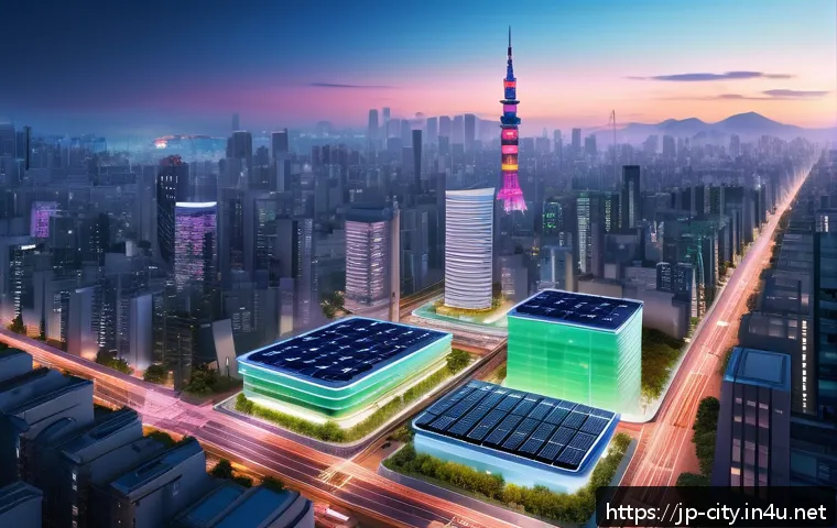 도시계획 분야 취업 시장 분석 - A futuristic Japanese smart city at dusk, showcasing sleek high-rise buildings integrated with green...